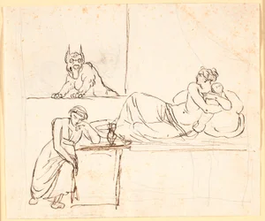 Une femme allongée avec un nourrisson sur un lit, voit un monstre apparaître à la fenêtre. Au pied du lit, une femme endormie est assise