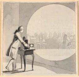 Un homme avec une lanterne magique montre une image de la salle du conseil d