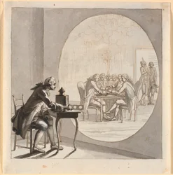 Un homme avec une lanterne magique montre une image du conseiller d