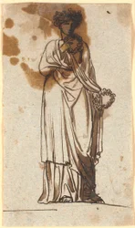 Une muse, couronnée et avec des couronnes dans les mains