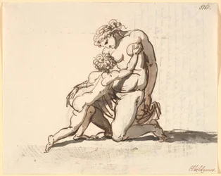 Une mère nue agenouillée avec son petit garçon