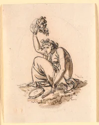 Femme assise levant un masque au-dessus de sa tête
