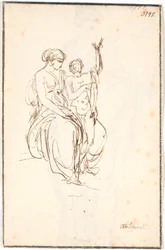 Jeune femme assise avec un garçon nu debout levant un bras