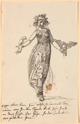 Frigga marchant avec des faucons sur les bras tendus. Et quelques lignes avec les notes de l