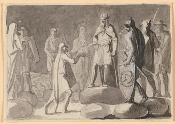Esquisse de composition ; un roi entouré de guerriers sur un ting, donnant une épée de chevalier à un homme