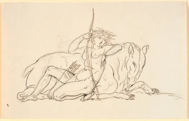Figure féminine avec des flèches et un carquois, assise appuyée contre un animal fantastique (peut-être un fourmilier). Allégorie de l