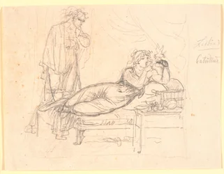 Lesbia et Catullus. Lesbia allongée, tenant un oiseau dans la main gauche. Catullus se tient derrière