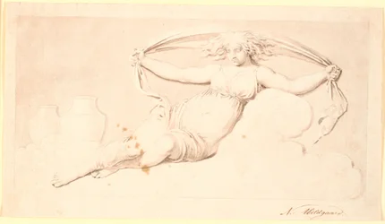 La Nuit, une figure féminine reposante. Réalisée en grisaille. Même composition que Td 542,38 mais sans ailes et avec les cheveux lâchés