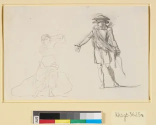 Scène entre deux figures. À gauche, une femme assise avec le torse nu, à droite, un homme marchant avec un arc et un carquois