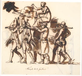 Le triomphe de la justice. Six hommes portent une civière sur laquelle la figure féminine de la justice est assise avec la balance