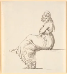 Femme enceinte assise avec les bras croisés, de profil à gauche