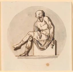 Figure masquée assise, encadrée en cercle. Esquisse pour décoration dans la maison de thé du parc de Sorgenfri