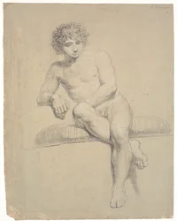 Modèle assis sur un socle bas avec coussin. Vue de face. Jambes croisées