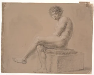 Modèle assis sur un socle bas avec coussin. Jambe gauche sur la droite