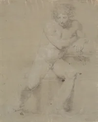 Modèle assis sur un plinthe avec un coussin. Vue de face. Main droite sous l