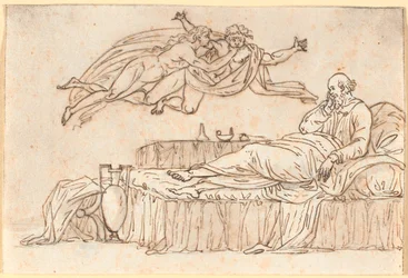 Socrate reposant sur son lit; dans les airs deux "daimons" flottants