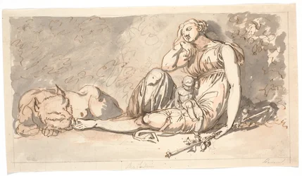 Esquisse pour un linteau de porte. Le sommeil, une figure féminine allongée avec un petit enfant et à sa droite un lion