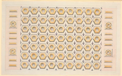 Esquisse pour un plafond avec des caissons hexagonaux et des rosettes en jaune et violet