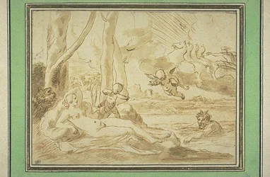 Jupiter et Antiope (plume et encre brune, lavis brun, traces de pierre noire)