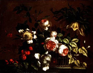 Roses, pivoines et autres fleurs sur un rebord
