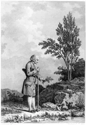 Jean-Jacques Rousseau (1712-78) cueillant des herbes à Ermenonville, juin 1778, gravé par Louis Michel Halbou (né en 1730)