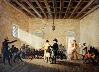 Un intérieur avec des marchands d