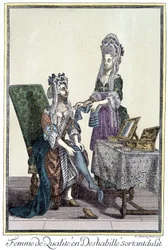 Femme de qualité déshabillée, sortant du lit. Représentation par Arnoult