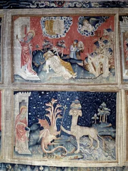 Rideau de la Révélation (1373-1383). N° 31 haut : Jean surpris par la résurrection des deux amis. N° 38 bas : le dragon donne un sceptre royal à une panthère (manifestation de Satan). Tapisserie de Nicolas Bataille (1330-1405)