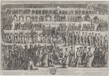 La procession du cercueil de Sainte Geneviève, avec des clercs et des laïcs marchant en six rangs, 1652