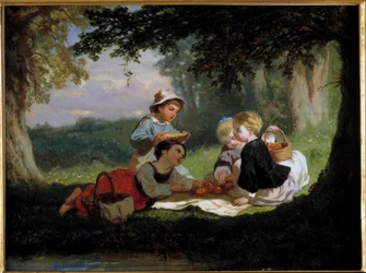 Le goûter champêtre. Peinture par Nicolas Gabe 19ème siècle