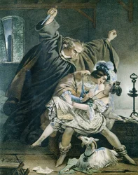 Esmeralda, Phoebus et Claude Frollo (Notre-Dame de Paris) de Victor Hugo. Illustration de Nicolas Eustache Maurin, 1799-1850. Collection privée