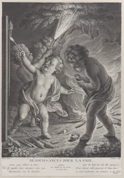 Célébration de la paix, trois putti avec des feux d
