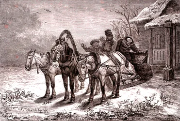 Russie. Relais de poste en 1865. Maison de poste. 1865 (gravure)