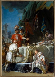 Guerre de Cent Ans : la mort de Bertrand du Guesclin (1320-1380) devant Châteauneuf de Randon le 13/07/1380. Peinture par Nicolas Guy Brenet 18ème siècle Paris