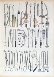Instruments chirurgicaux pour opérations des amygdales, planche extraite du « Traité complet de l