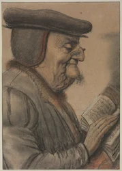 Homme âgé lisant un livre, première moitié des années 1600 (craie et encre noire)