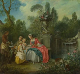 Une dame dans un jardin prenant du café avec des enfants, vers 1742
