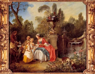 Une femme dans un jardin prenant un café avec des enfants ou une tasse de chocolat Peinture de Nicolas Lancret (1690-1743)