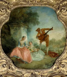 La leçon de musique Peinture de Nicolas Lancret (1690-1743) 18ème siècle Dim. 0,89x0,9 m.