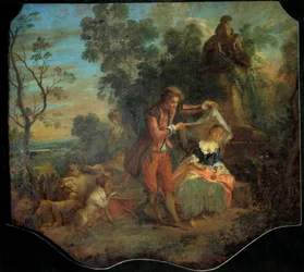 Le berger indiscret Scène bucolique représentant un jeune berger soulevant le voile sous lequel une jeune bergère est endormie. Peinture de Nicolas Lancret (1690-1743). 18ème siècle Dim. 0,84 x 0,95 m. Tours, Musée des Beaux-Arts