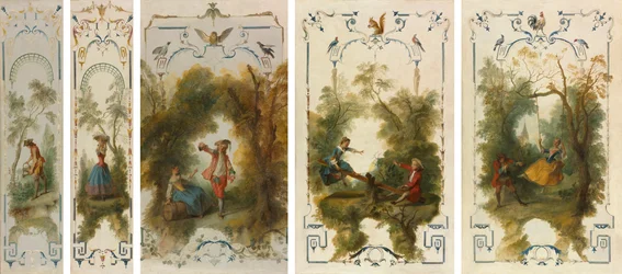 Panneaux muraux : Le Jardinier, Horticulture, La Vigne, La Balançoire, La Balançoire