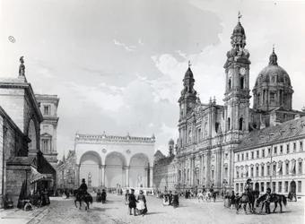 Palais royal, salle des maréchaux et église des Théatins à Munich, première moitié du XIXe siècle