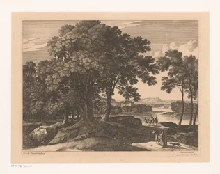Paysage avec arbres et voyageurs le long d