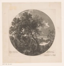 Paysage avec des arbres et deux bergers près d