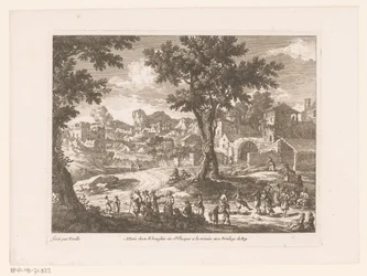 Paysage avec groupe de personnes dansant et discutant