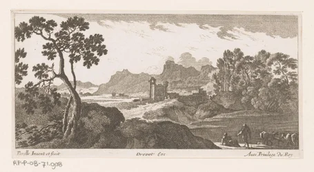 Paysage avec des bergers près de vaches buvant