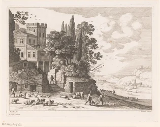 Paysage avec maison, personnages et bétail