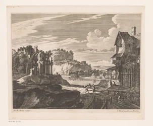 Paysage avec maisons et ruines le long de la rivière