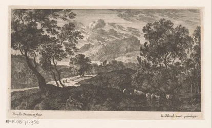 Paysage avec des bovins buvant à droite