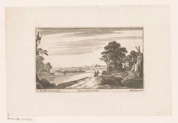 Paysage fluvial avec couple marchant (Rivierlandschappen met gebouwen)